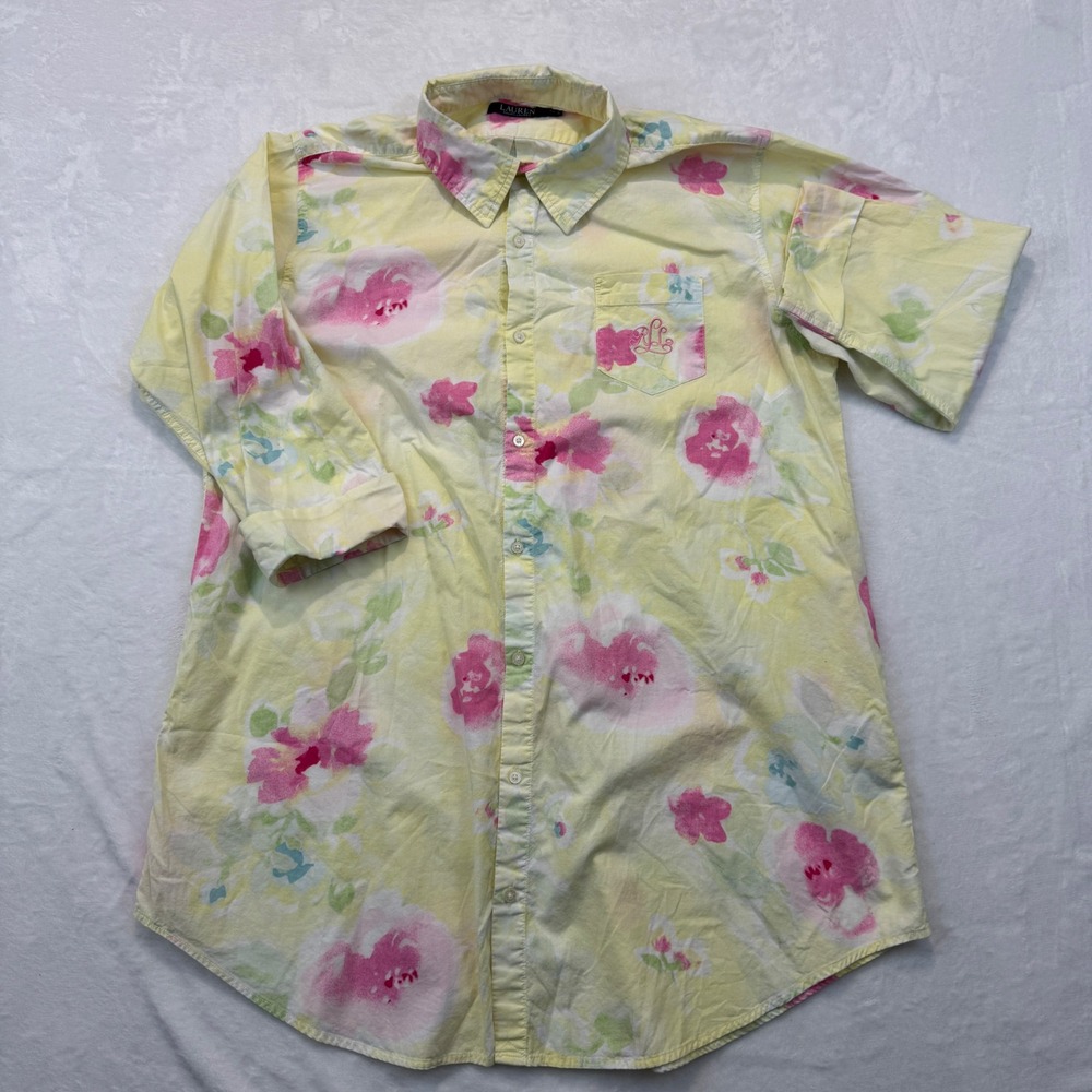 Lauren Ralph Lauren Yellow Pink Floral Button Down Shirt 3/4 sleeve XL
